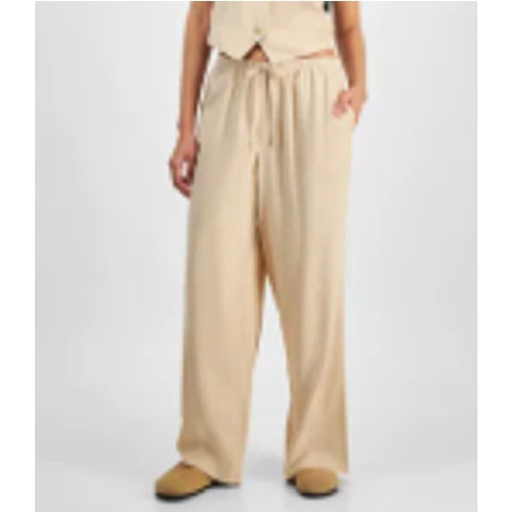 Hippie Rose Juniors' Linen-Blend Wide-Leg Drawstring Pants L